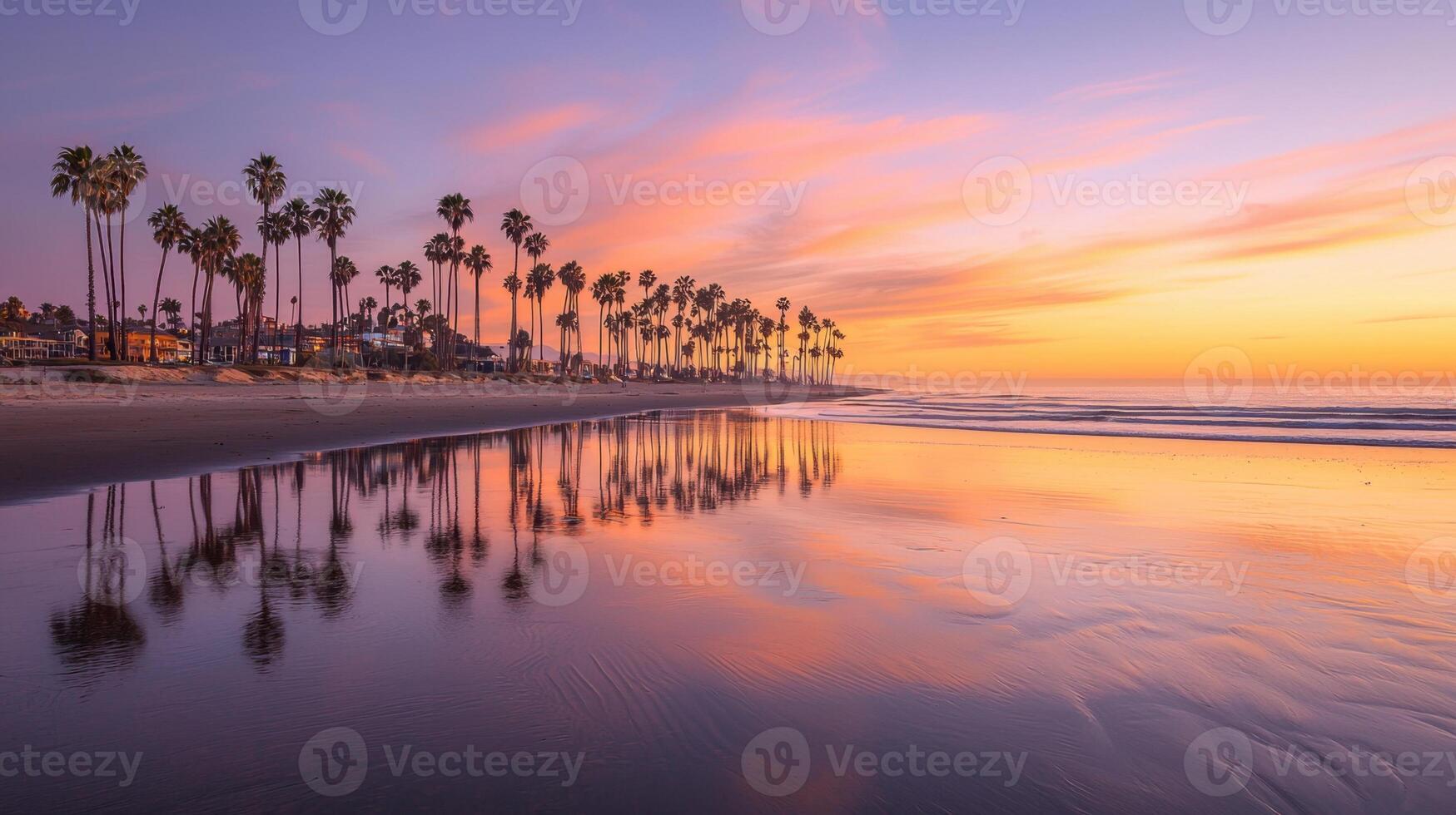 A stunning sunset casts warm hues across the sky and mirrors on the tranquil waters. Palm trees line the shore, creating a peaceful coastal atmosphere during twilight photo