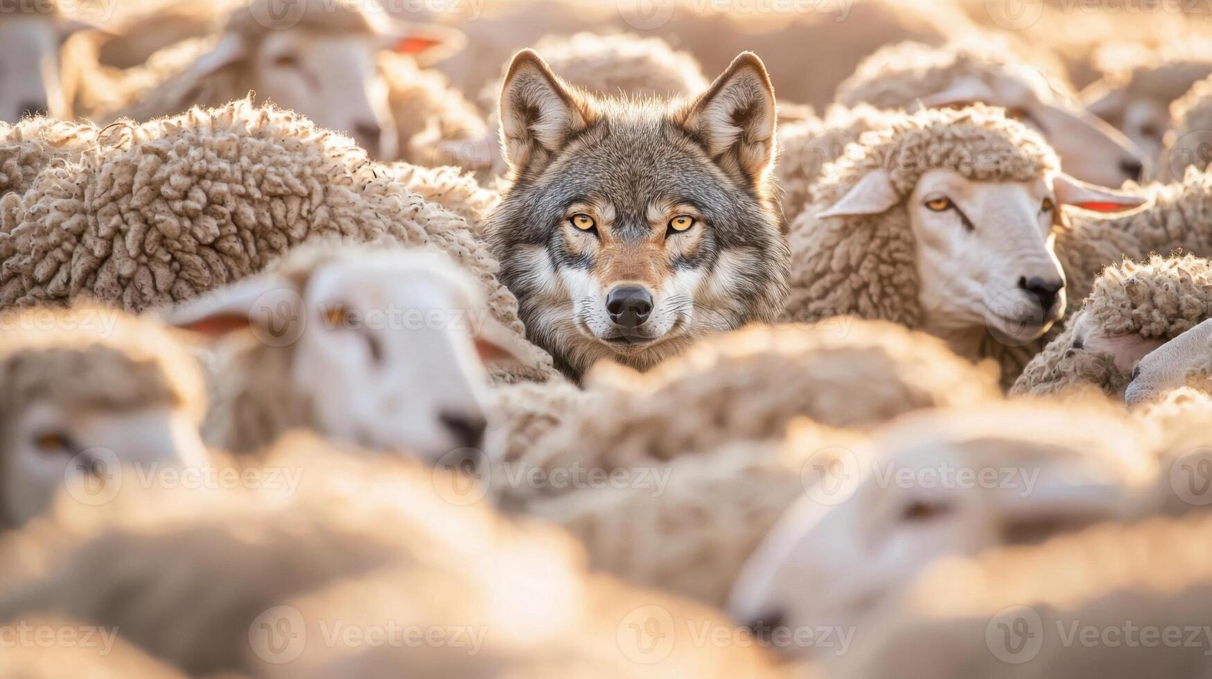 A wolf is surrounded by a flock of sheep in a pasture at dawn. The sunlight casts a soft glow, highlighting the delicate relationship between predator and prey in the wild photo