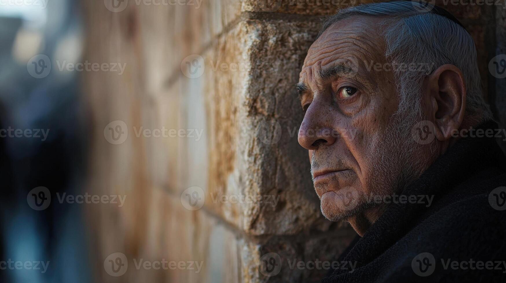 An older man leaning against a wall photo