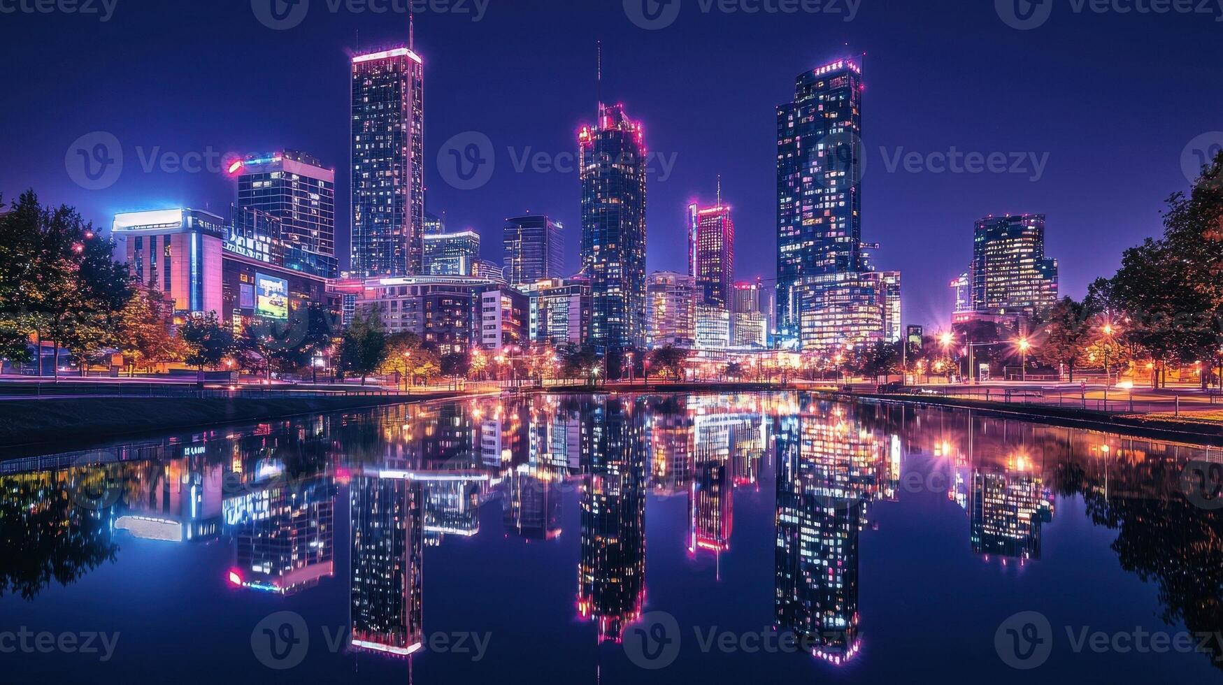 A bustling city skyline showcases tall buildings adorned with colorful lights, reflecting beautifully on the serene water below. The atmosphere is lively as night falls photo