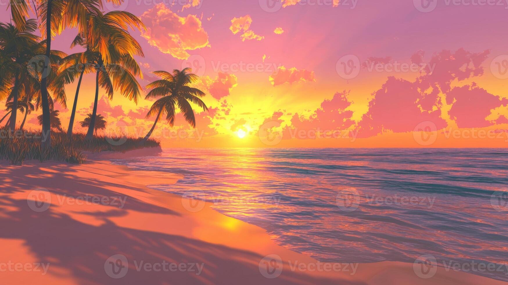 Tropical beach with palm trees and the sun setting photo