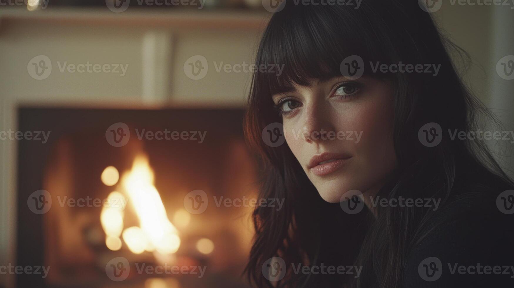A woman with long black hair sitting in front of a fireplace photo
