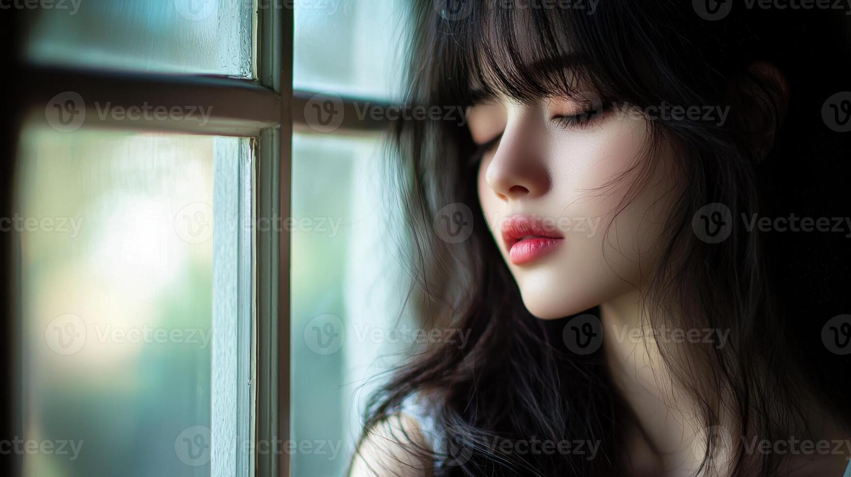 A woman with long hair looking out the window photo