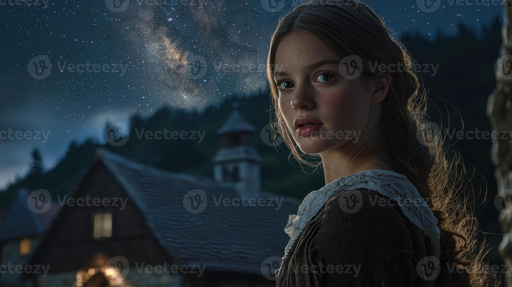 A girl is standing in front of a house with stars in the sky photo