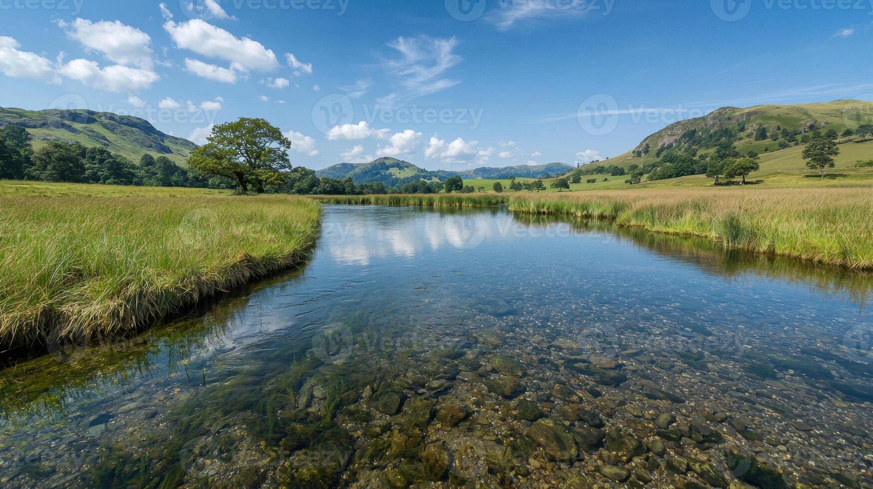 A river in a field with grass and trees photo