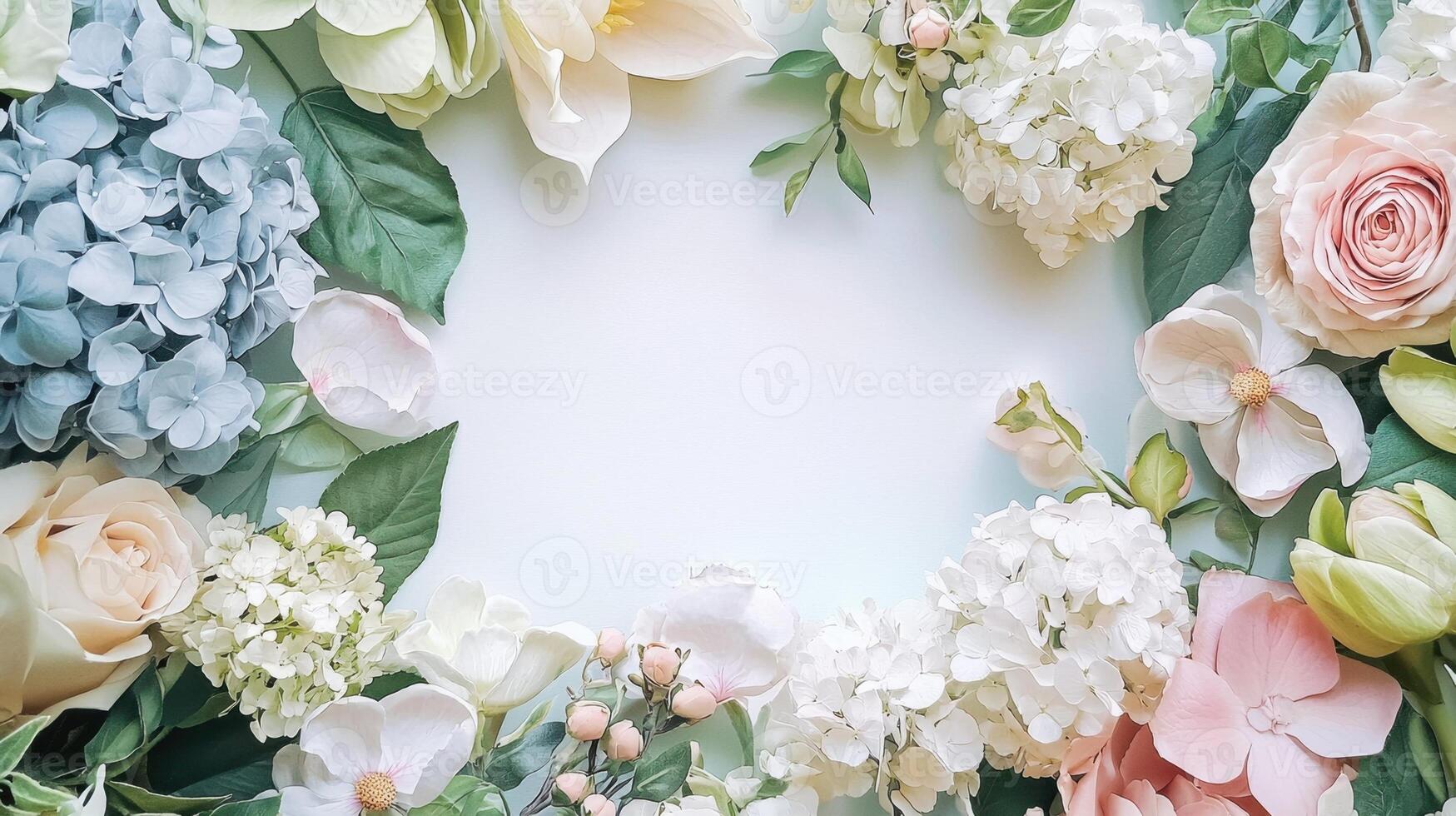 Flowers are arranged in a circle on a white background photo
