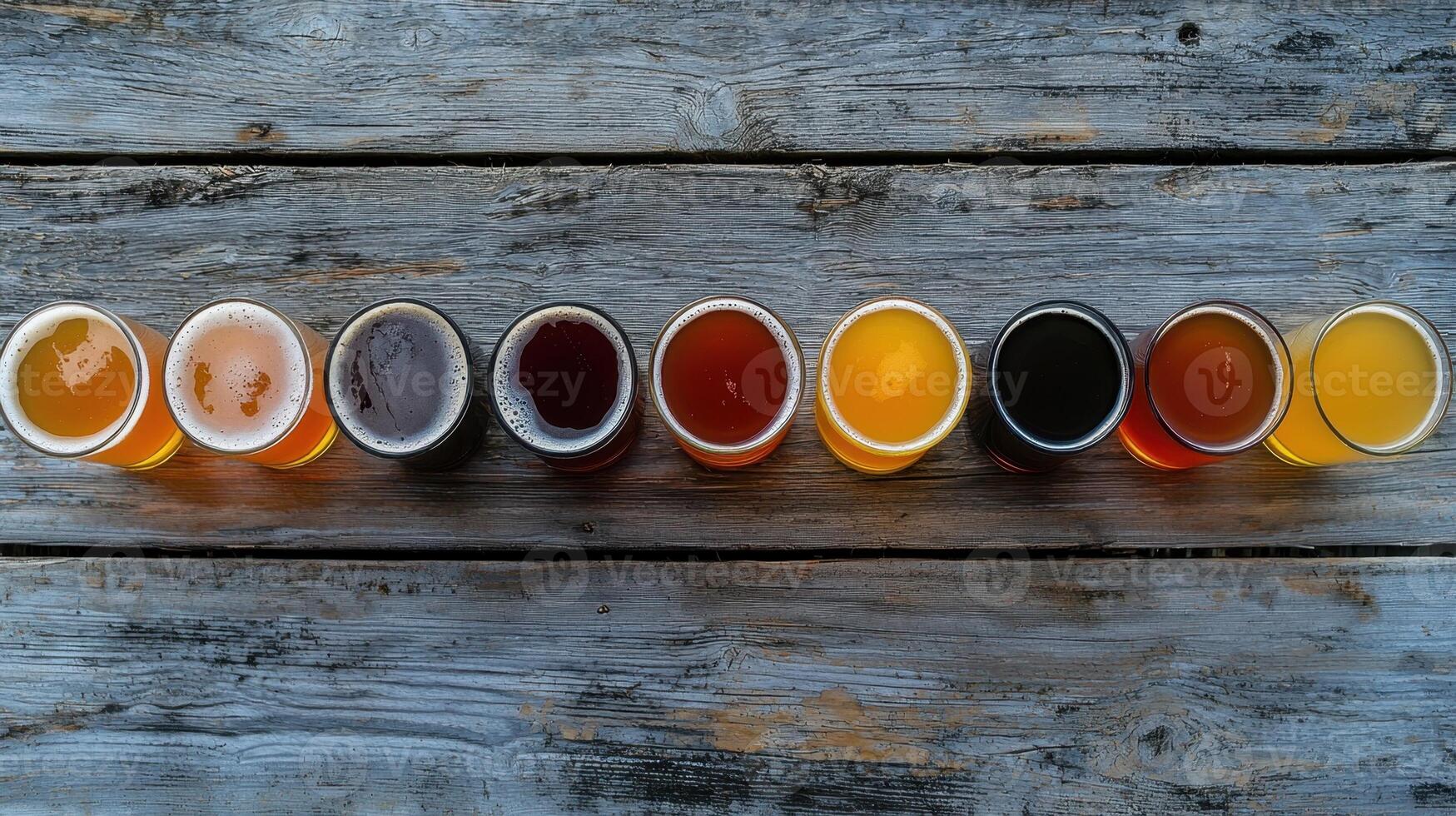 A row of beer glasses lined up on a wooden table photo