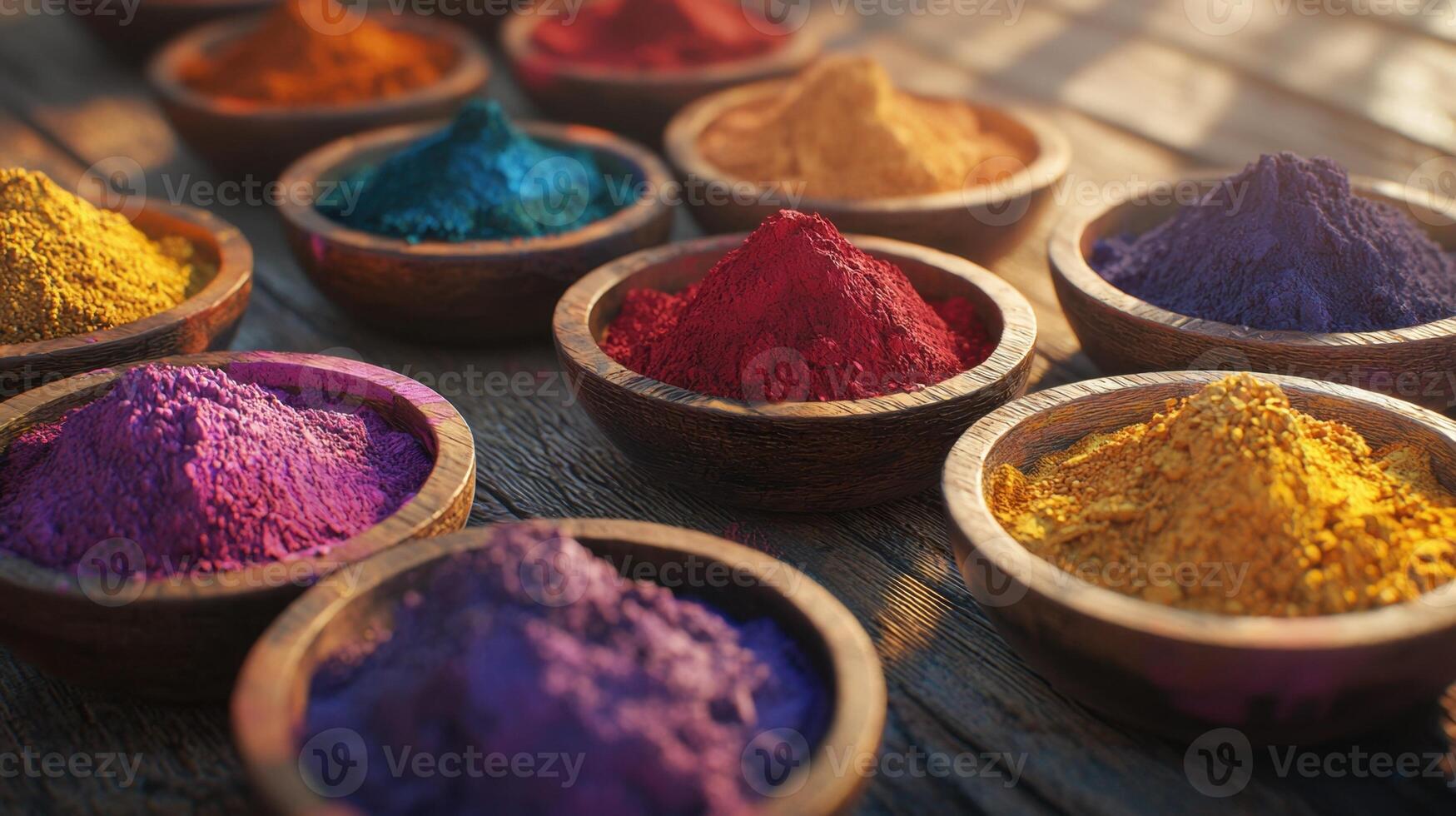 Colorful powders in wooden bowls on a wooden table photo