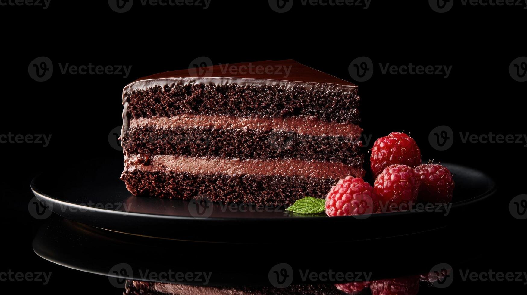A piece of chocolate cake with raspberries on a black plate photo