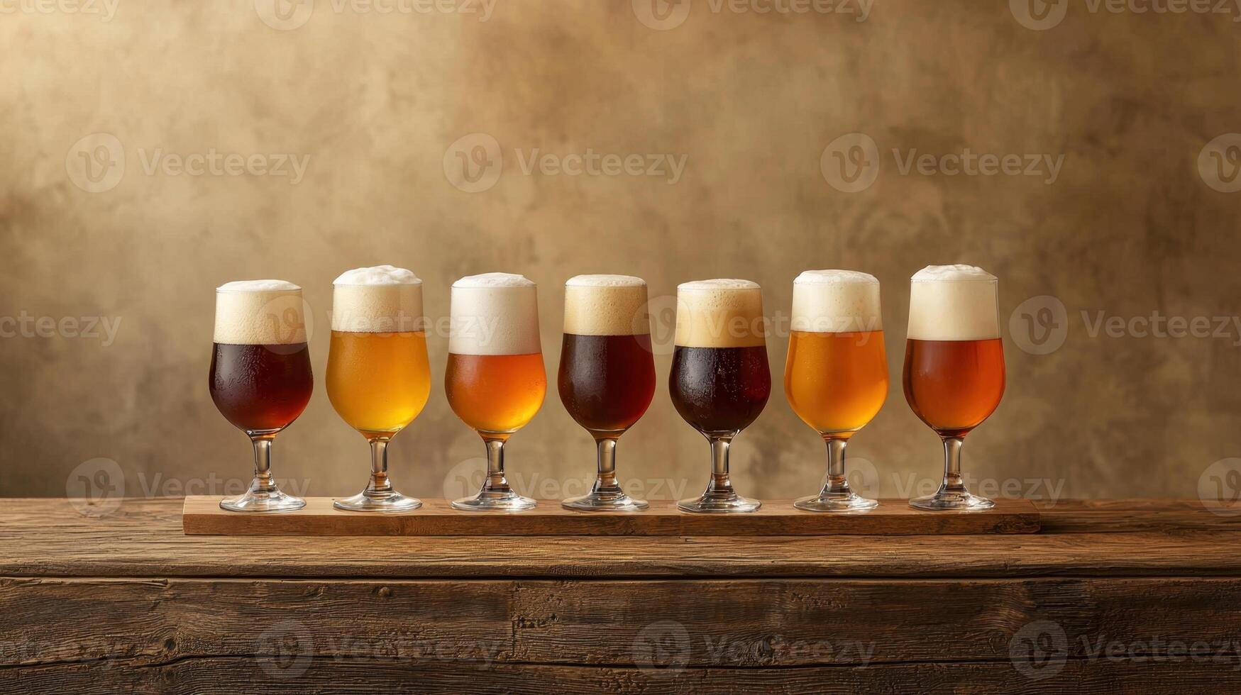 Six different types of beer in glasses on a wooden table photo