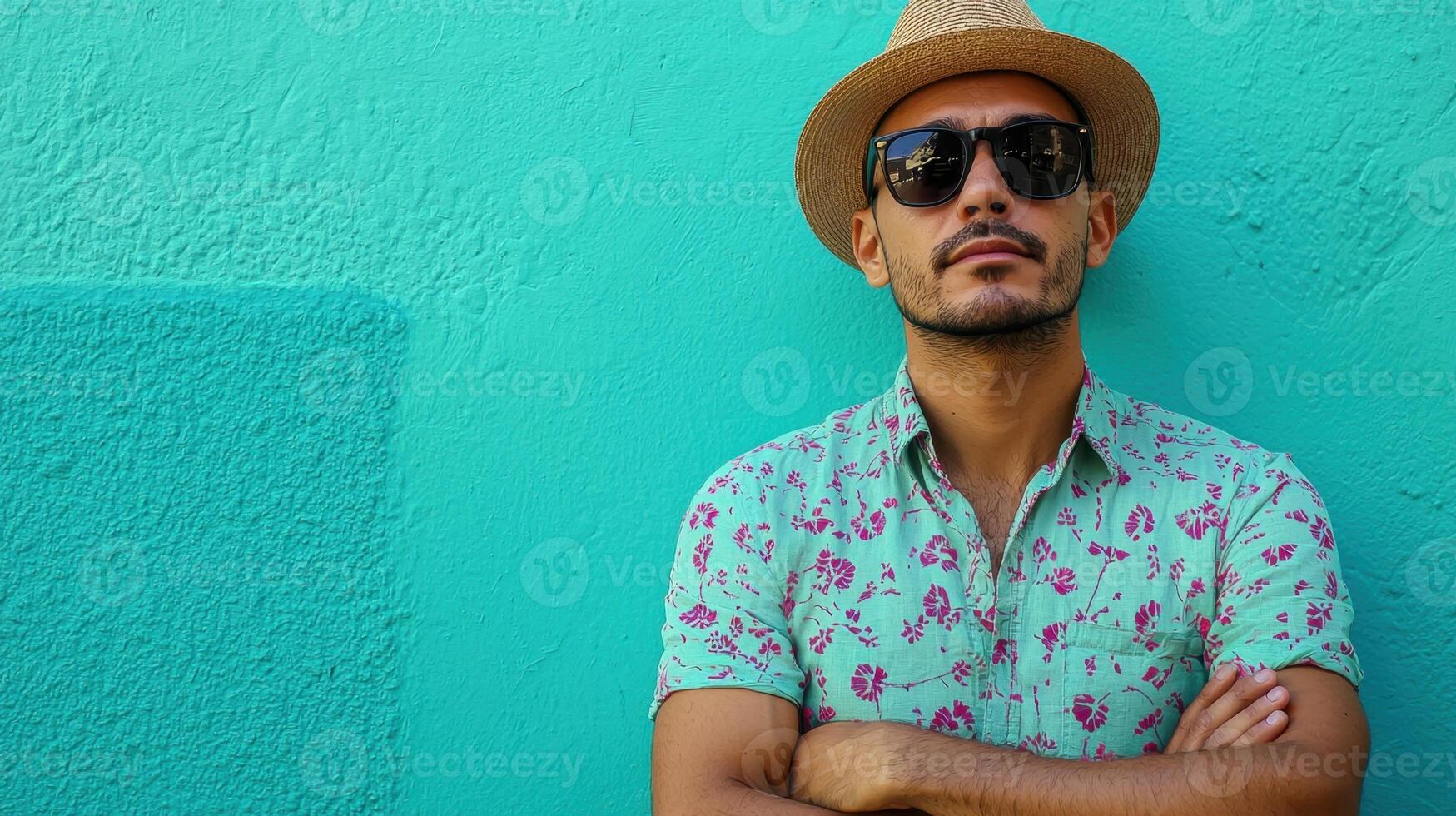 A man wearing a hat and sunglasses against a turquoise wall photo