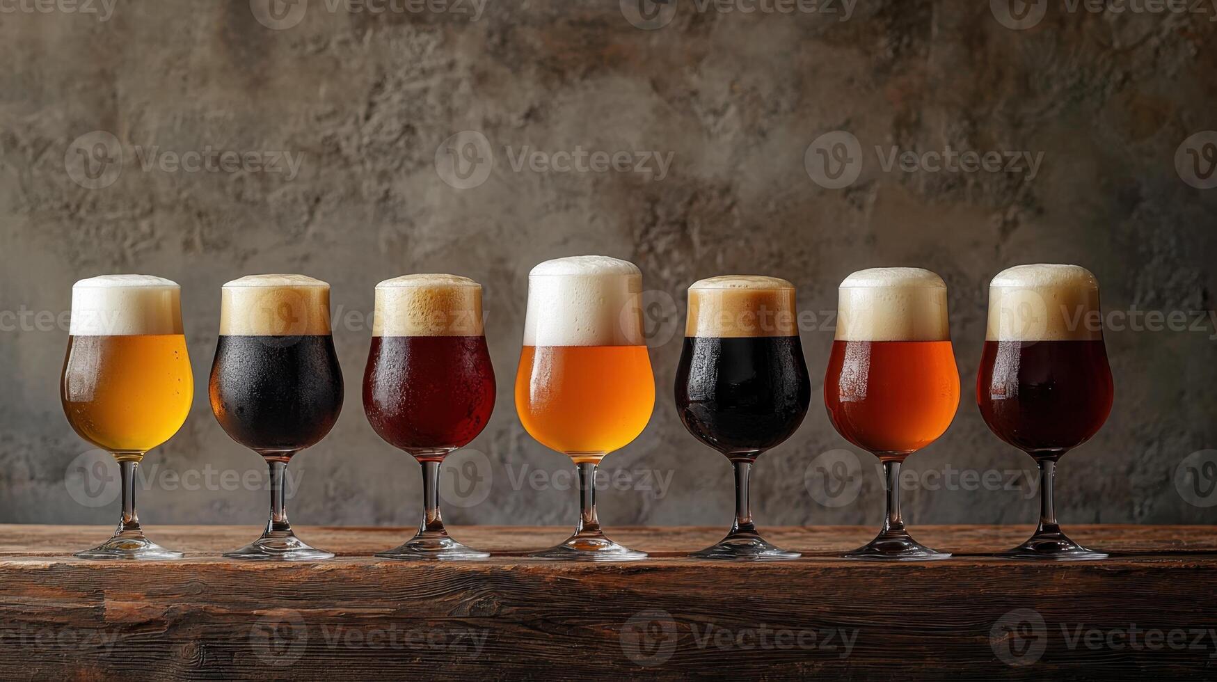 Six different types of beer in glasses on a wooden table photo