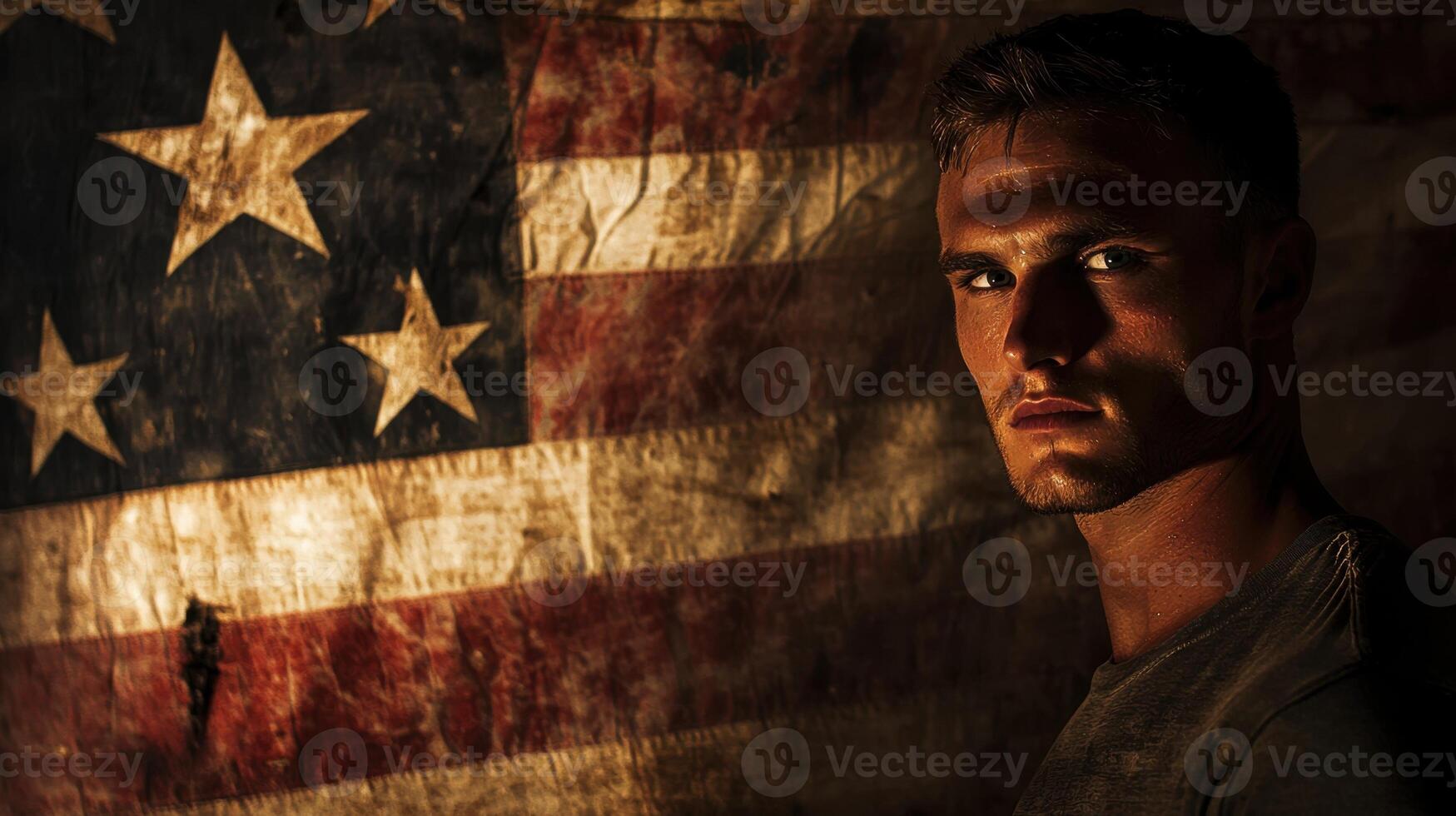 A man is standing in front of an american flag photo