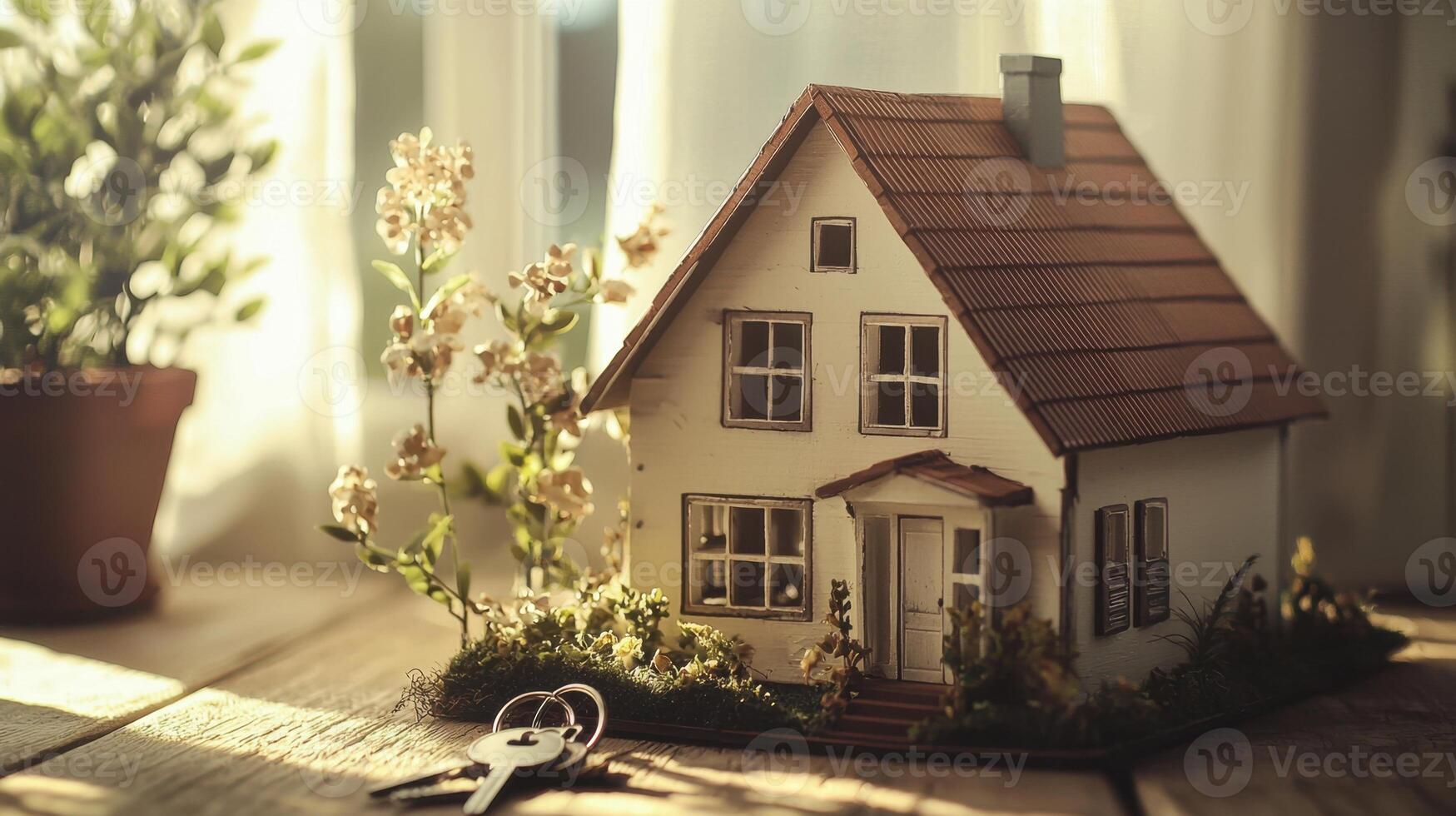 A small white house with a key on the table photo