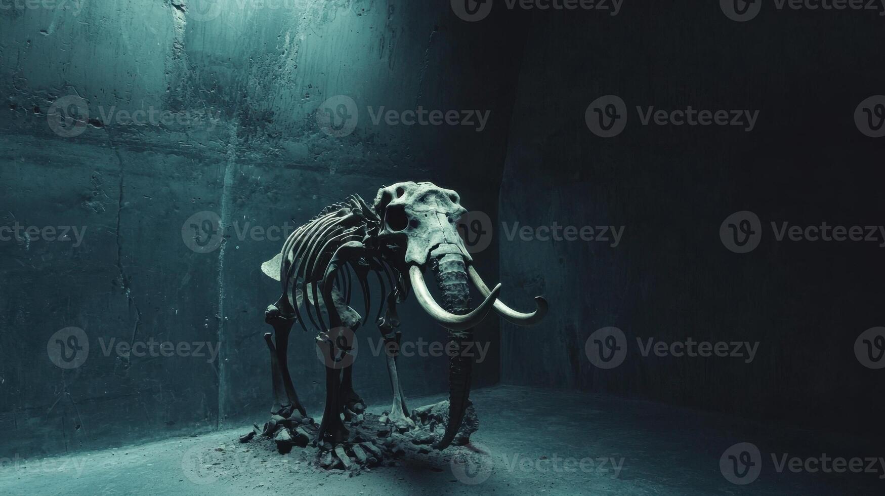 A skeleton of an elephant is standing in a dark room photo