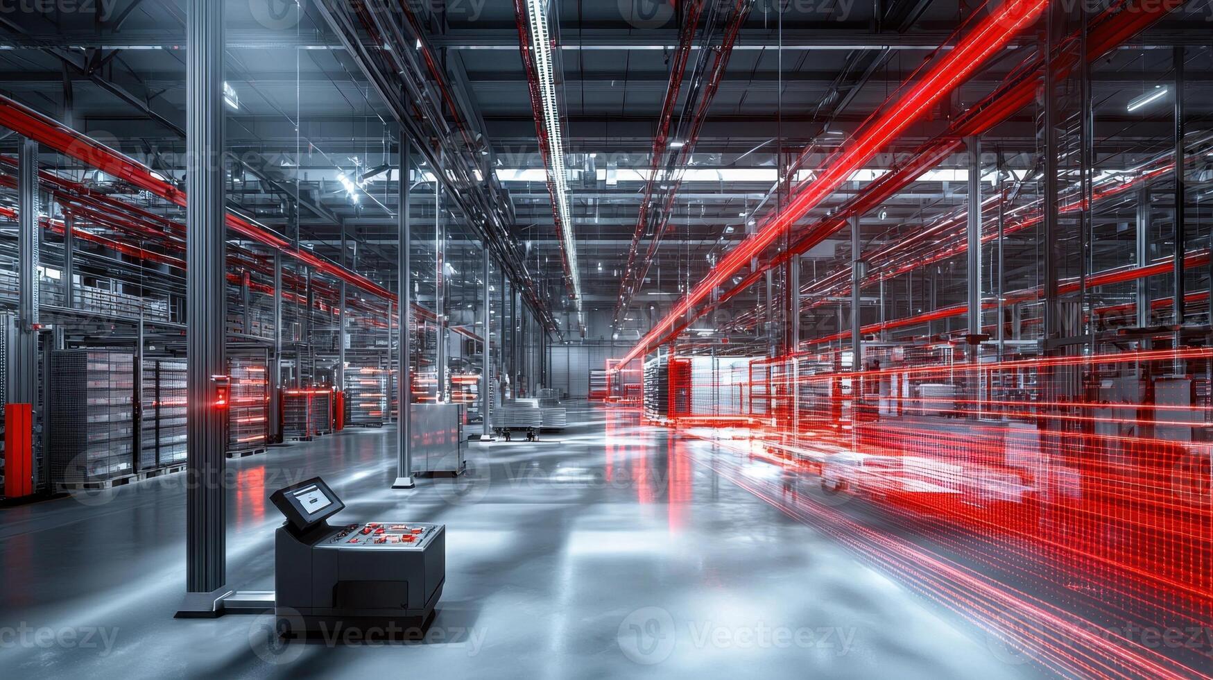 A warehouse with a conveyor belt and a machine with a red light on it photo