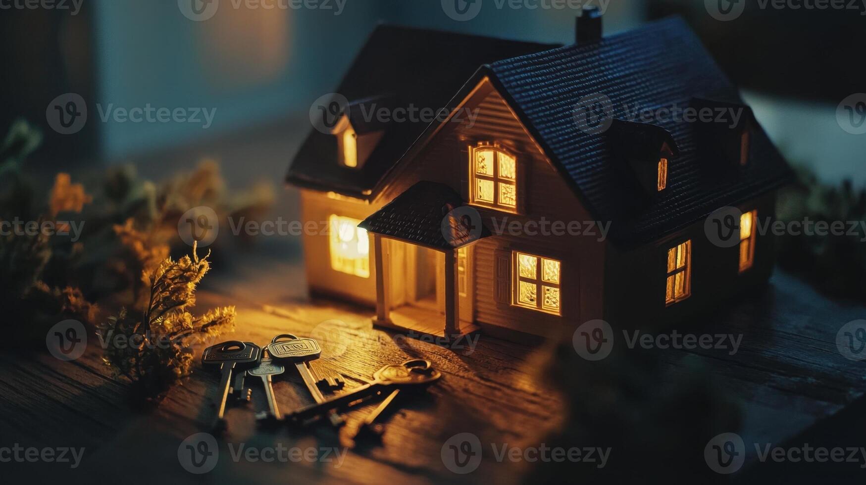 A small house with a key on the table next to it photo