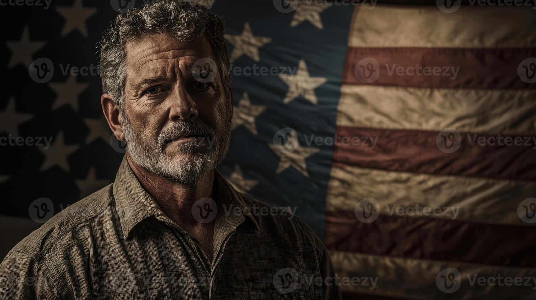 A man with a beard standing in front of an american flag photo