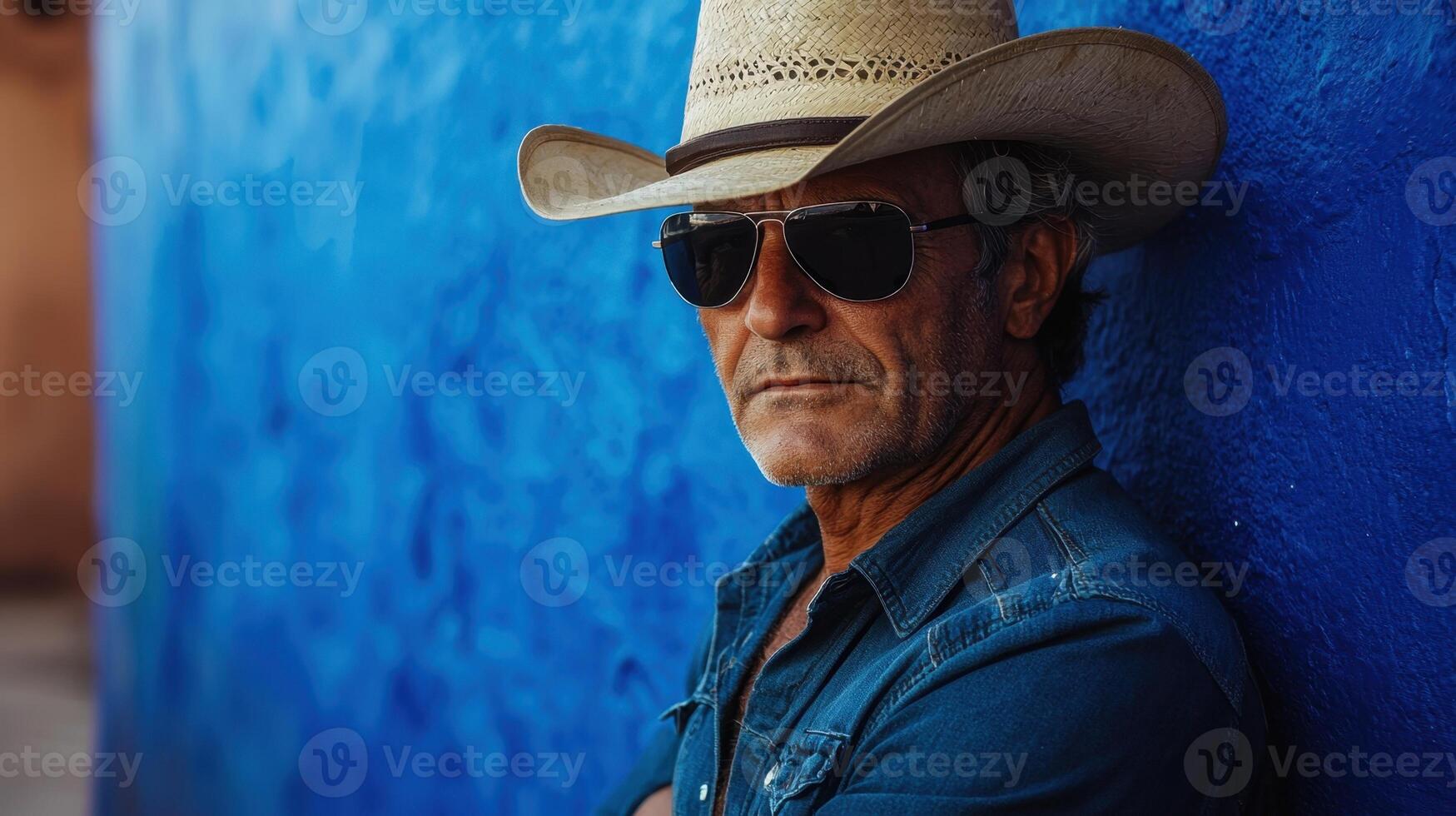 A man wearing sunglasses and a cowboy hat leaning against a blue wall photo