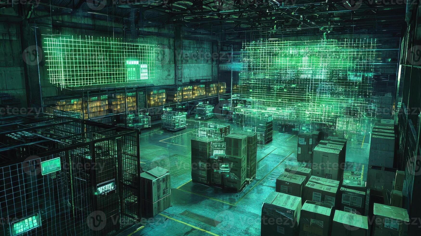 A warehouse with a lot of boxes and a green screen photo