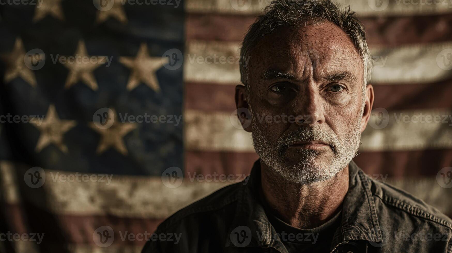 A man with a beard and an american flag in the background photo
