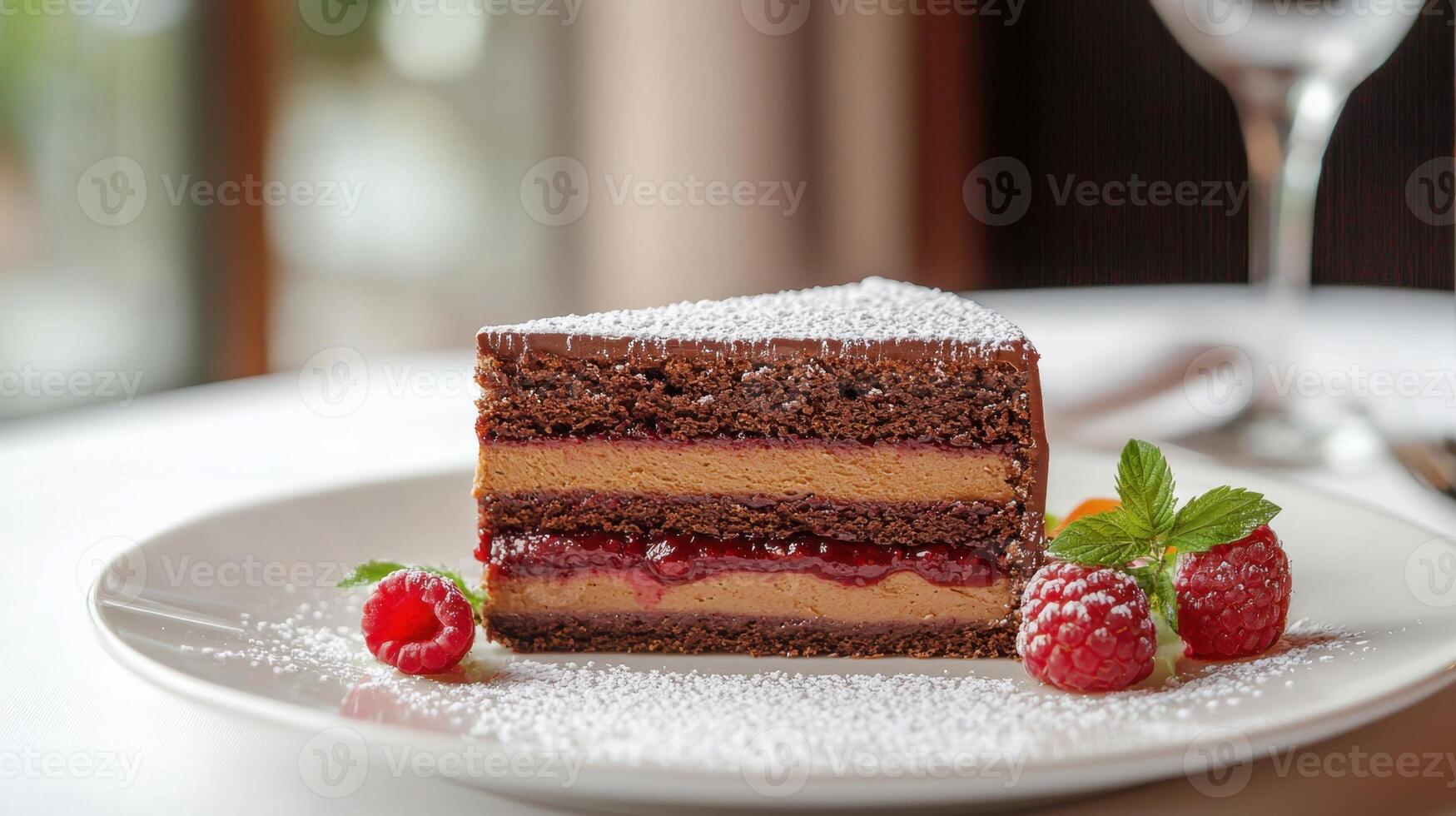 A slice of chocolate cake with whipped cream and raspberries on top photo