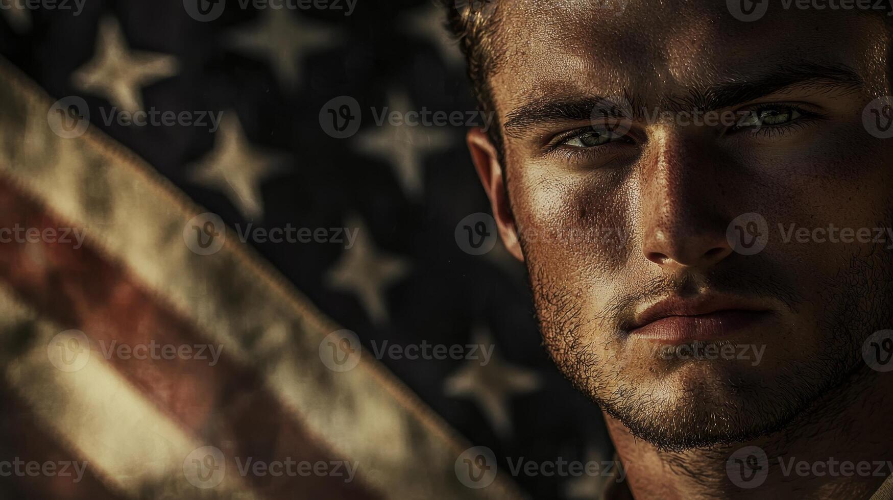 A man in uniform with an american flag in the background photo