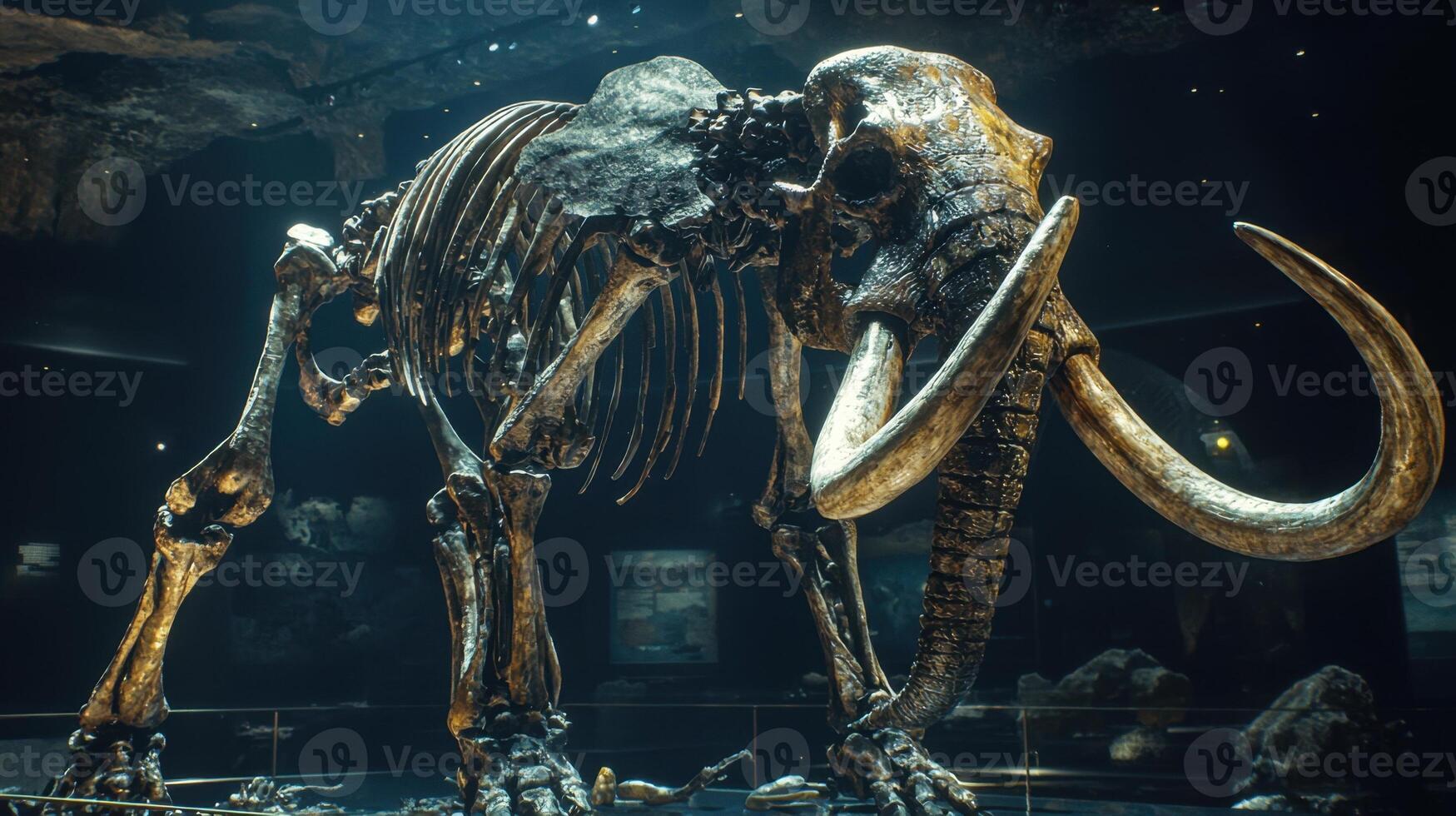 A mammoth skeleton is on display in a museum photo