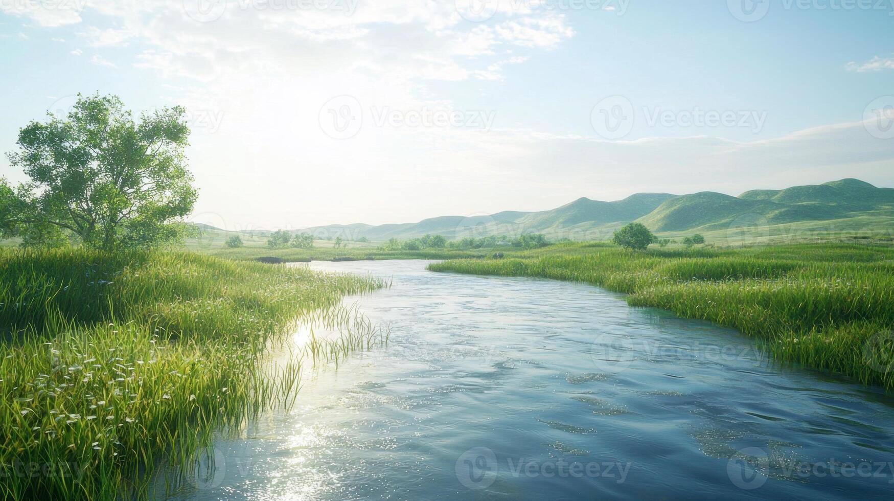 A river running through a grassy field photo