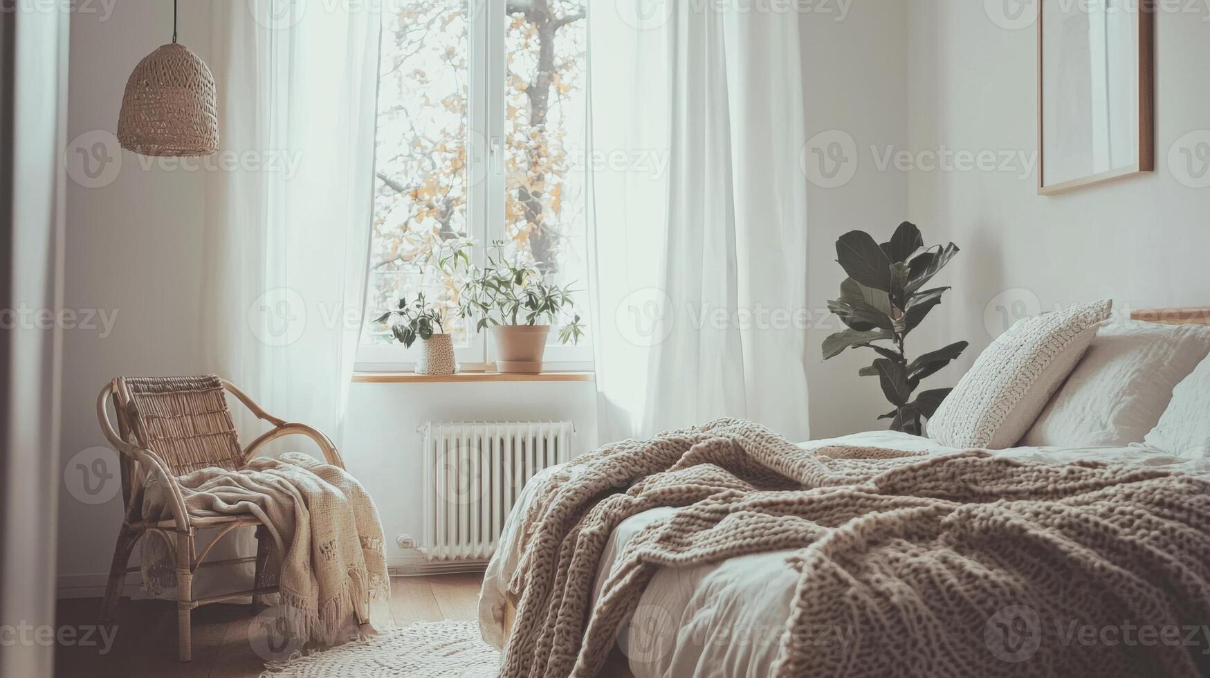 A bedroom with a bed, chair and window photo