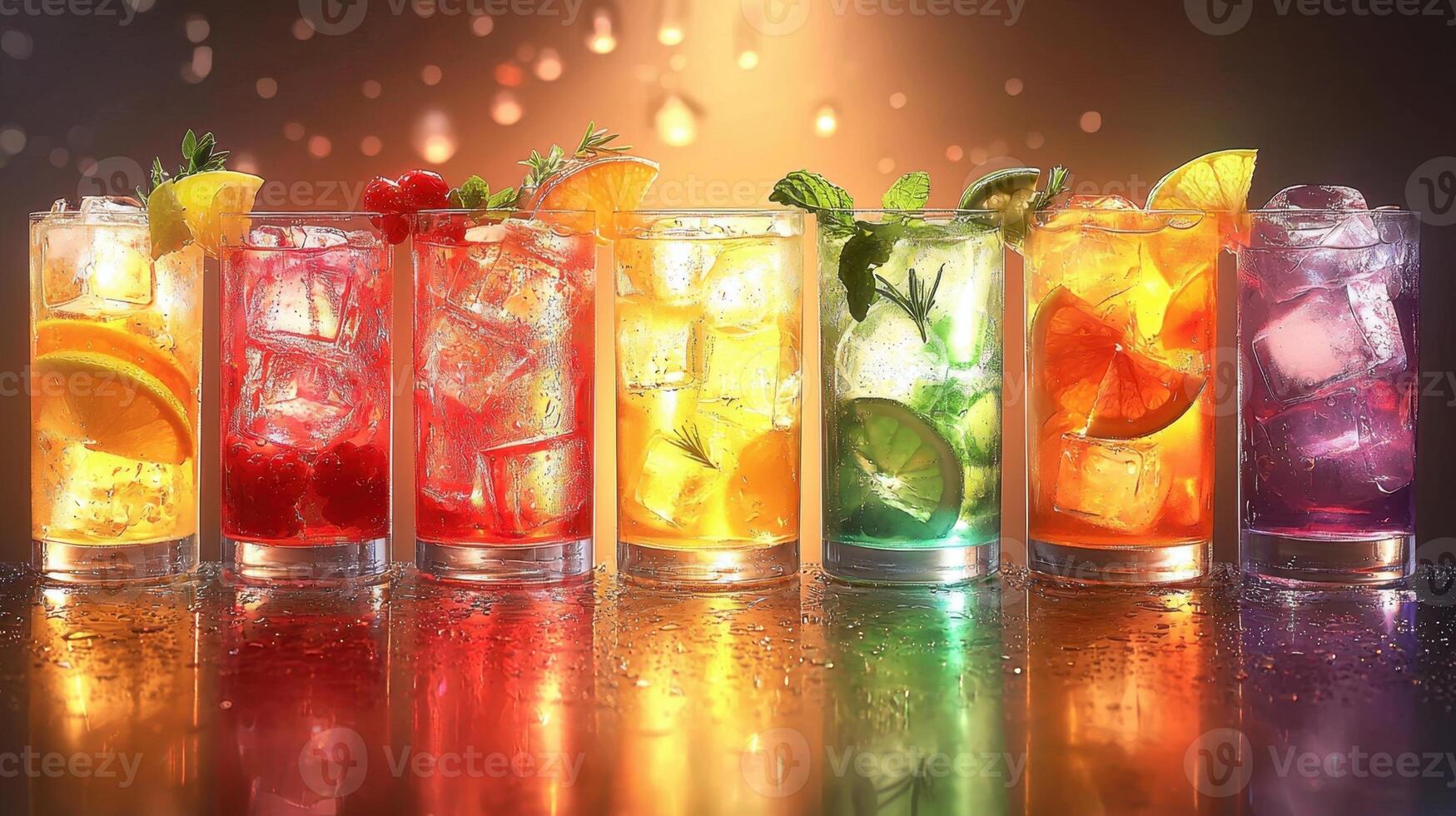 A row of colorful drinks in glasses photo
