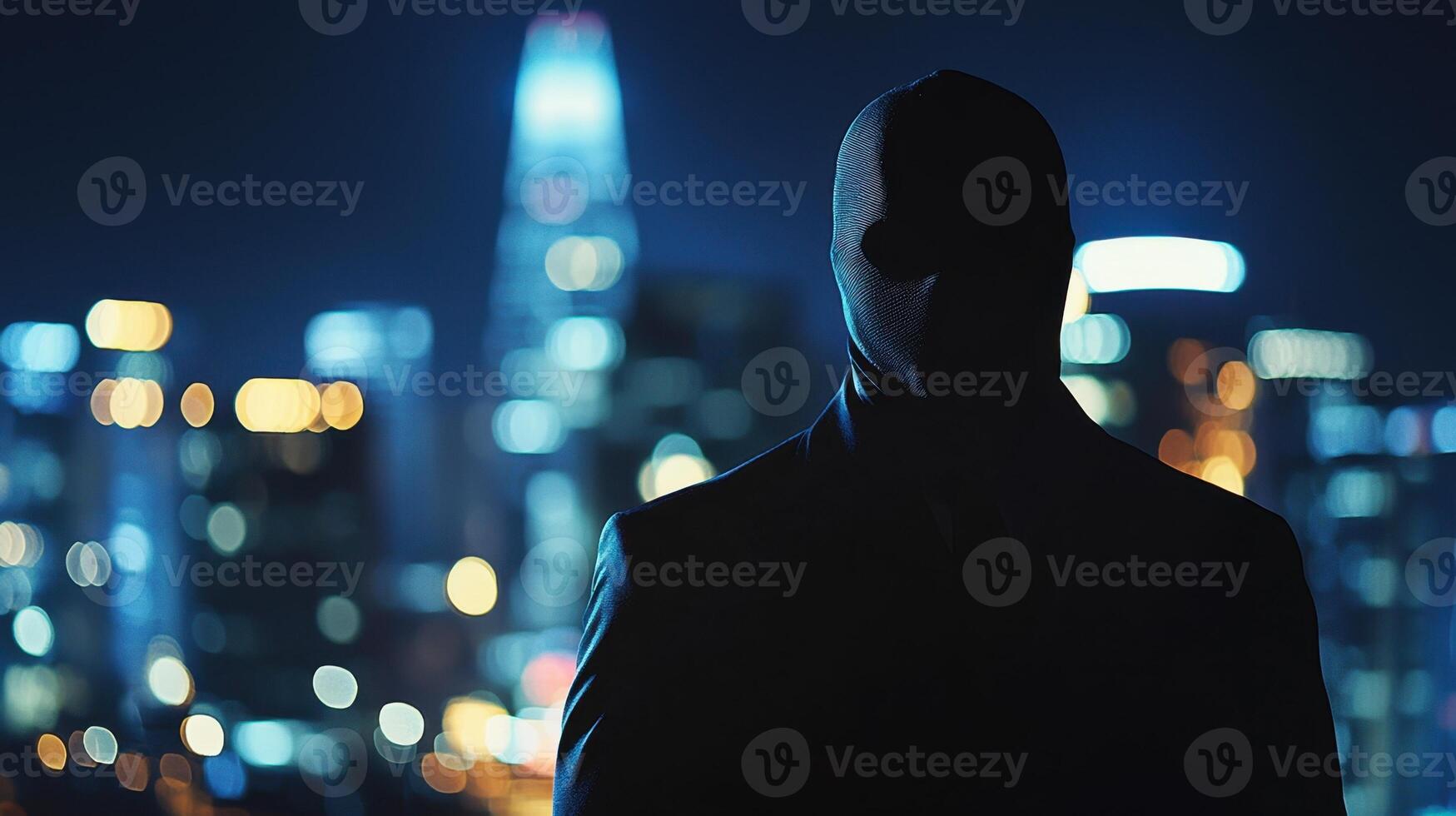A man in a hoodie stands in front of a city at night photo