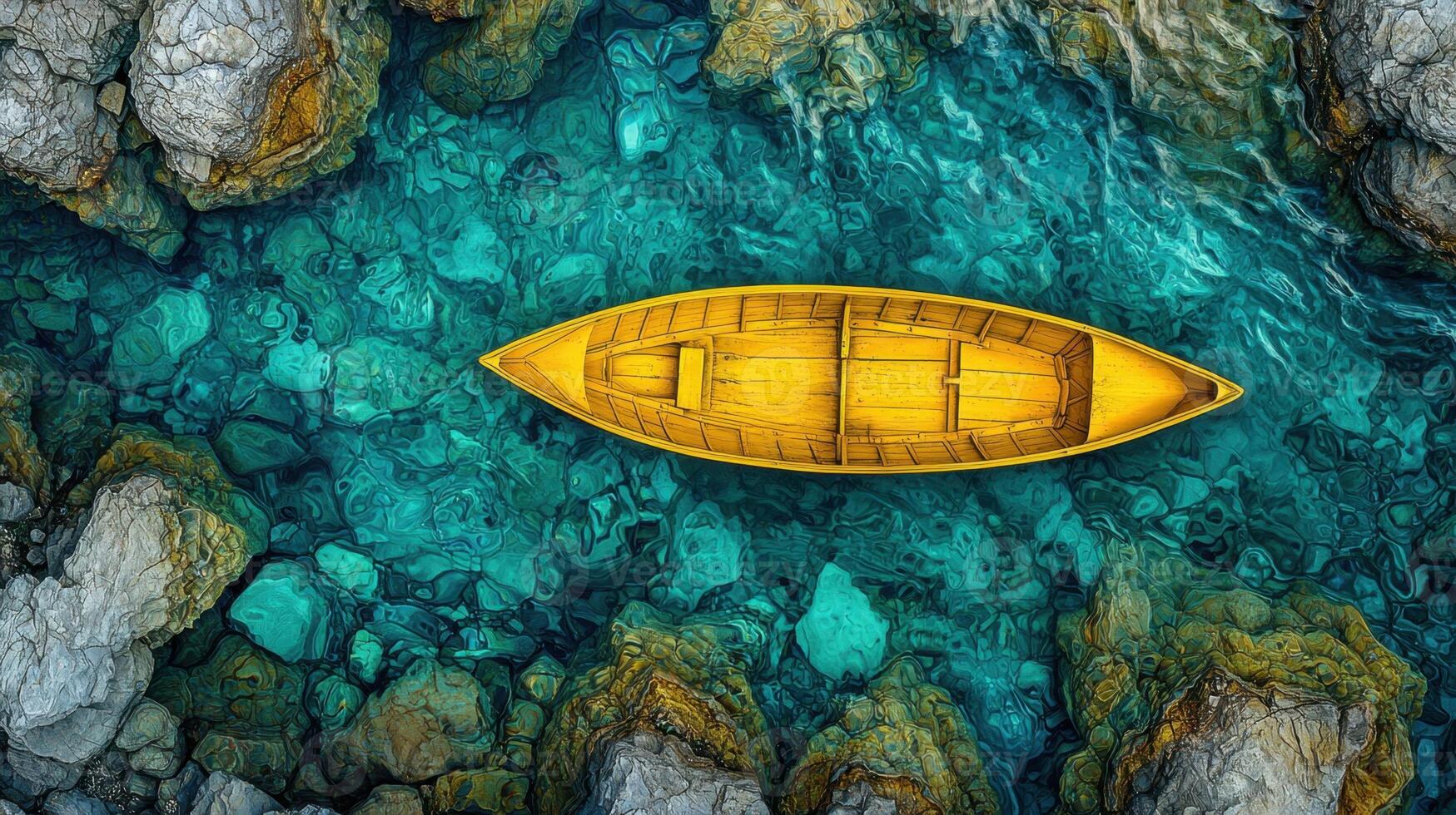 An aerial view of a yellow boat floating in the water photo