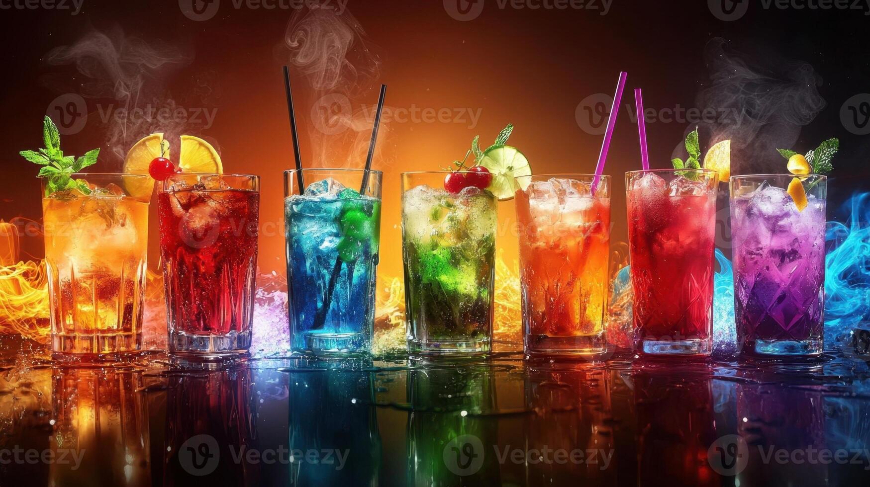 A row of colorful drinks with smoke and ice photo