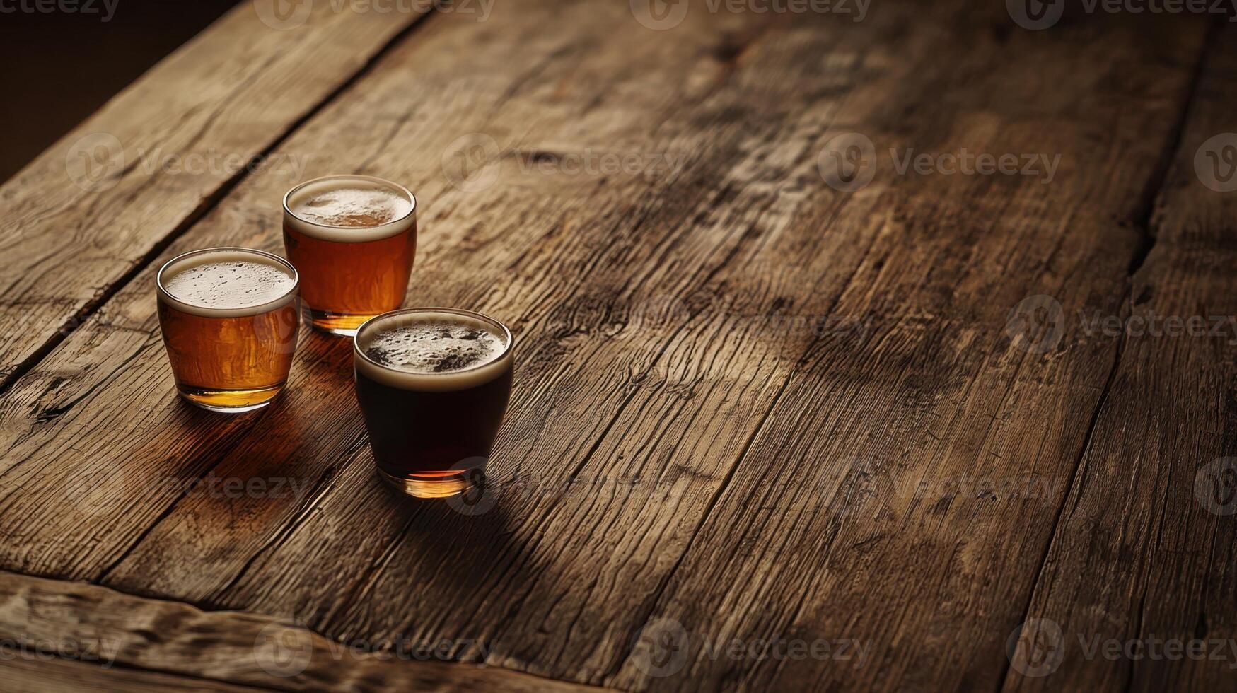 Three glasses of beer on a wooden table photo