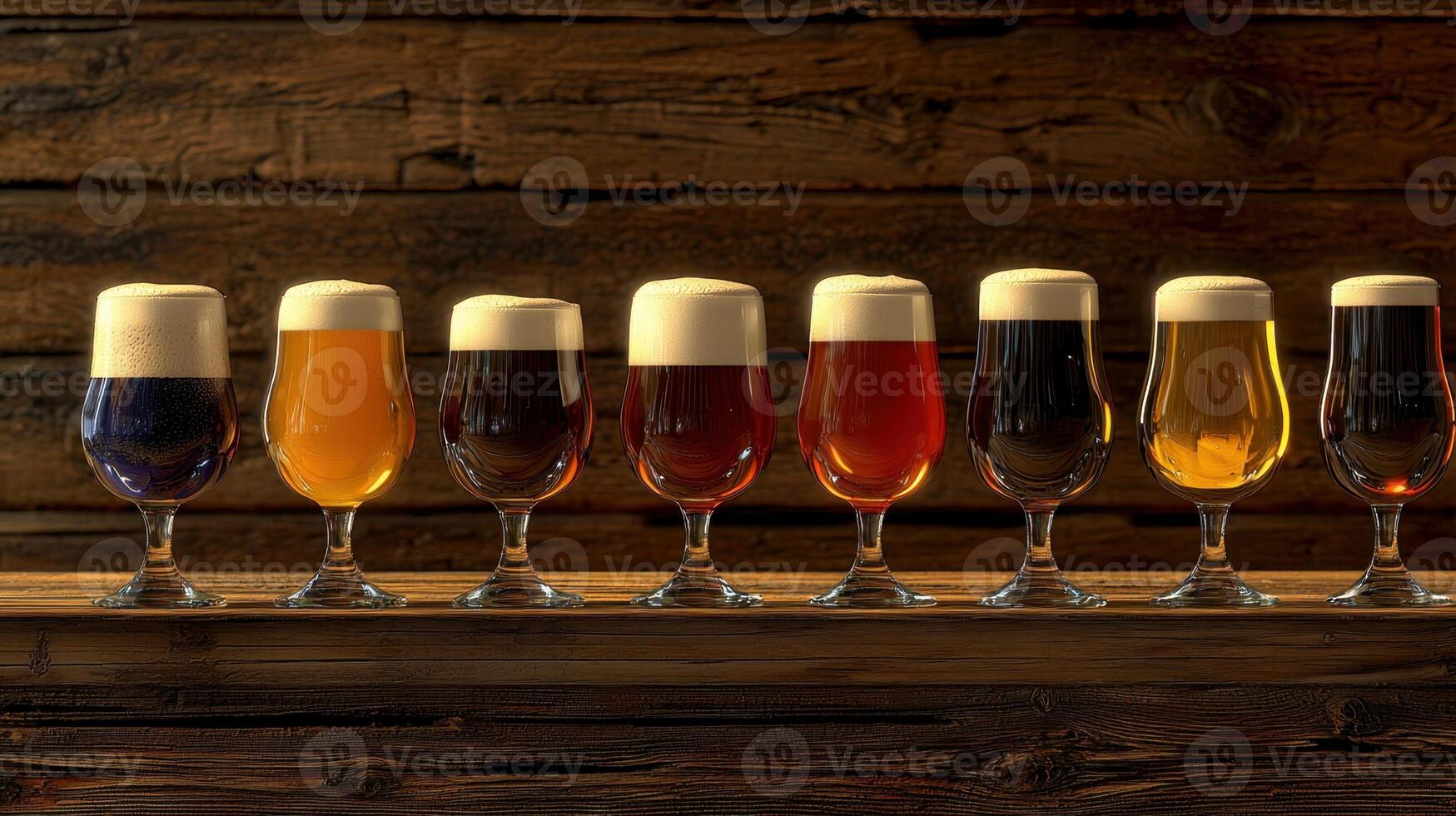 A row of beer glasses lined up on a table photo