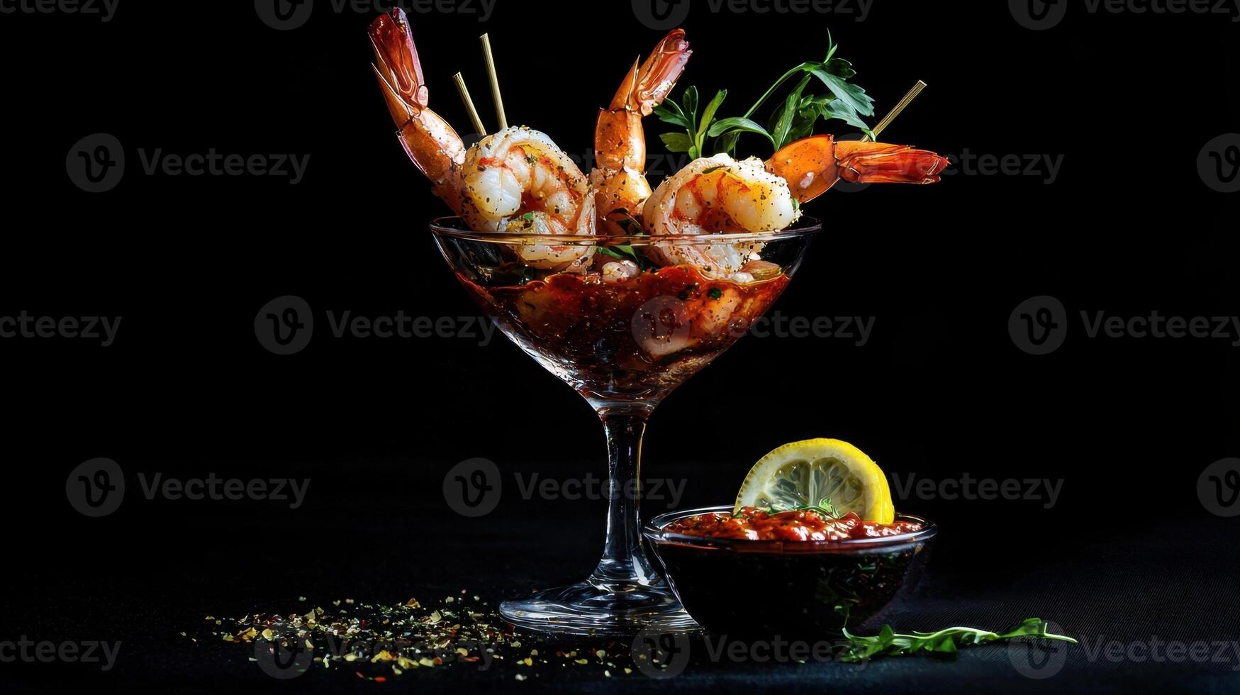 Shrimp cocktail in martini glass with lemon and garnish photo