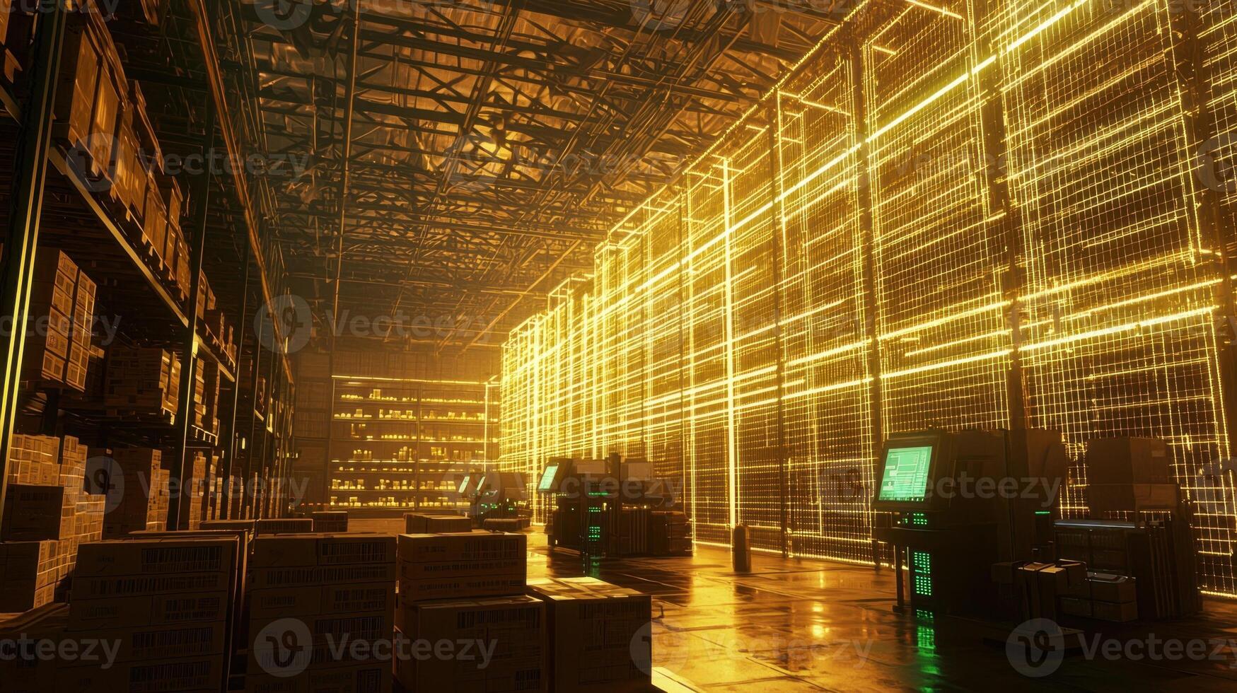 A warehouse with many boxes and lights photo