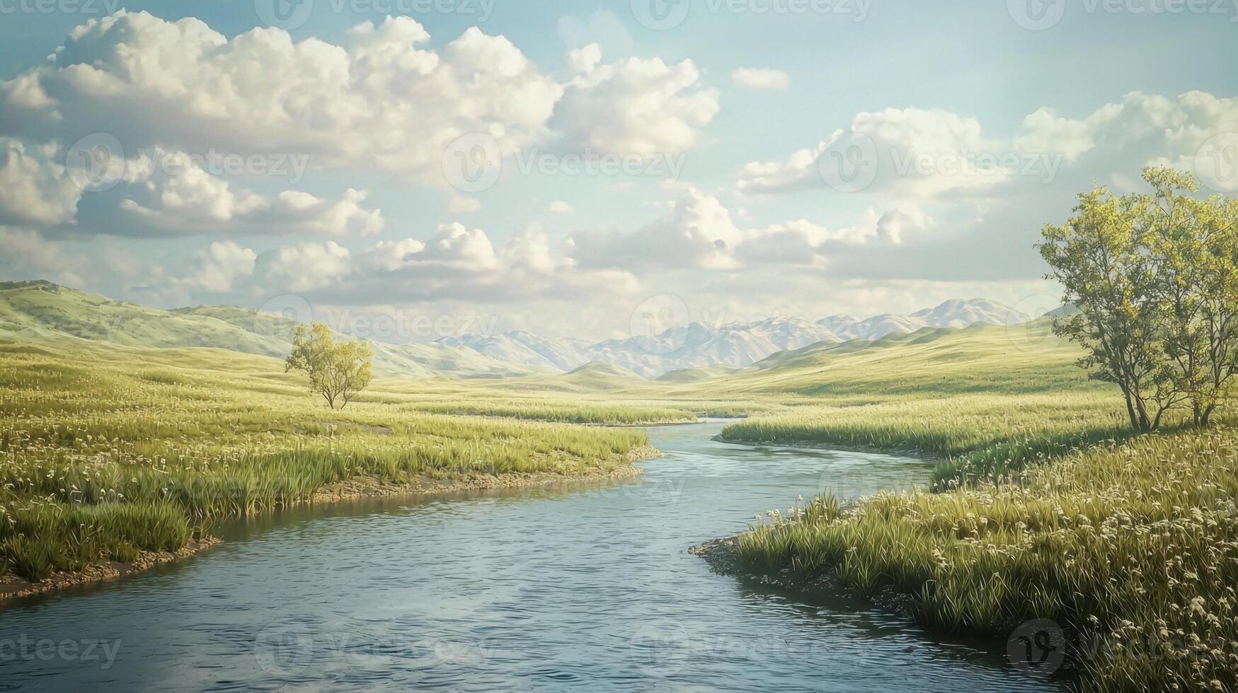 A river runs through a green field with trees and grass photo