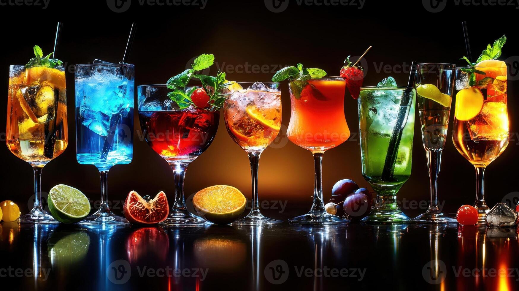 A group of different colored drinks in glasses photo