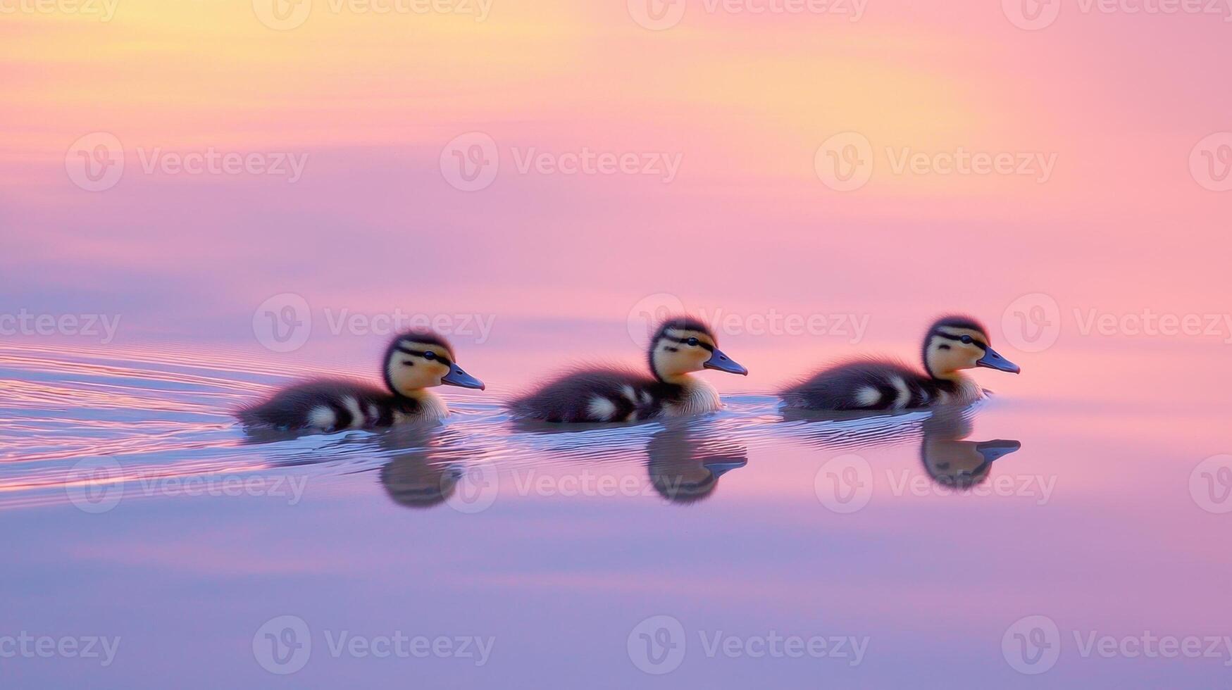 Three ducks swimming in the water at sunset photo