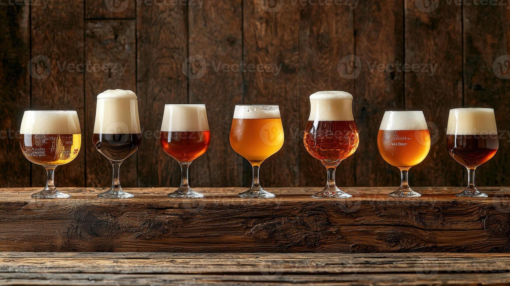 A row of beer glasses lined up on a wooden table photo