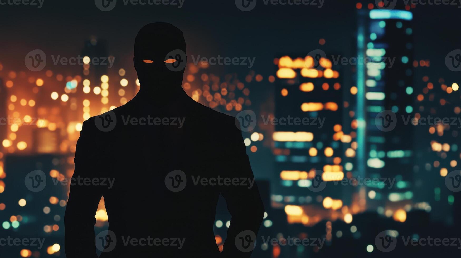 A man in a suit stands in front of a city at night photo
