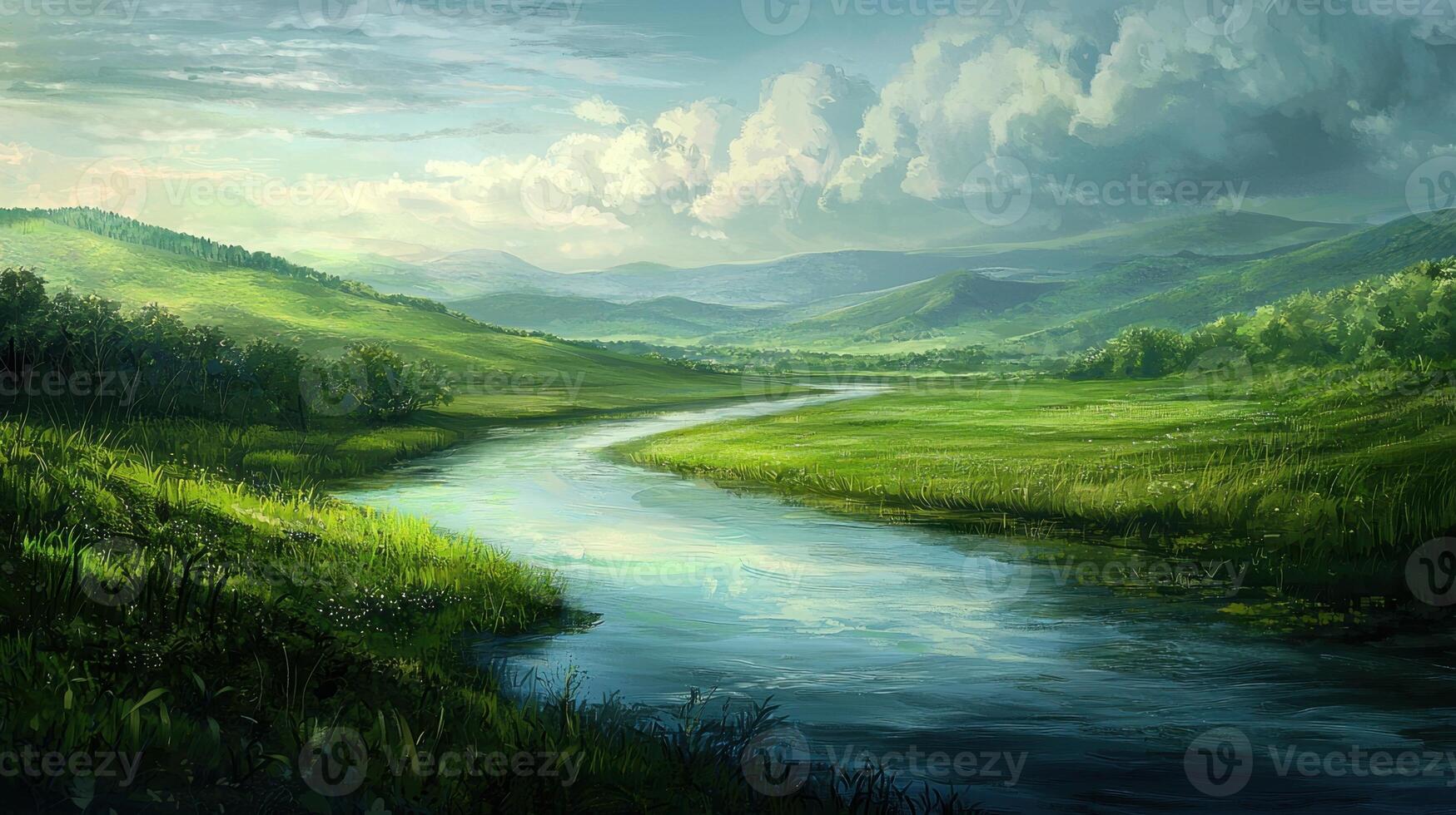 A painting of a river in a green field photo