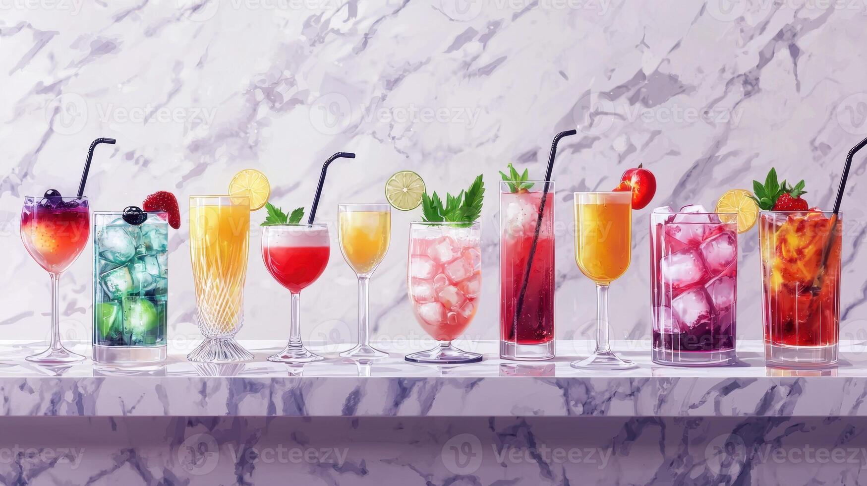 A row of different colored drinks on a marble counter photo