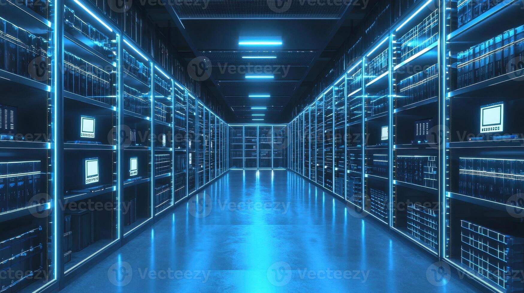 A long hallway with rows of computers and shelves photo