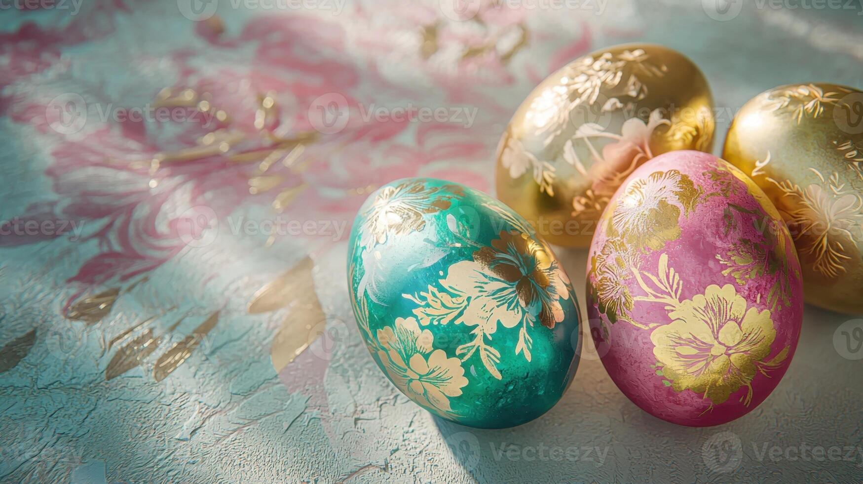 Three eggs with flowers on them are sitting on a table photo