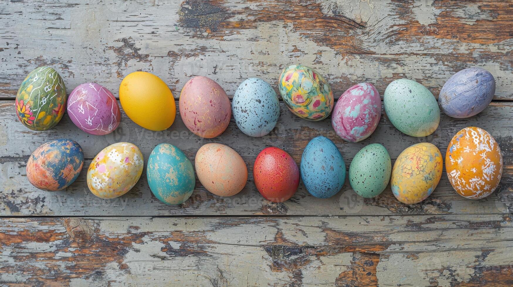 A row of colorful Easter eggs are laid out on a wooden table photo
