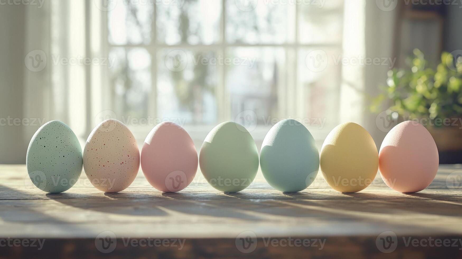 A row of colorful Easter eggs are sitting on a wooden table photo