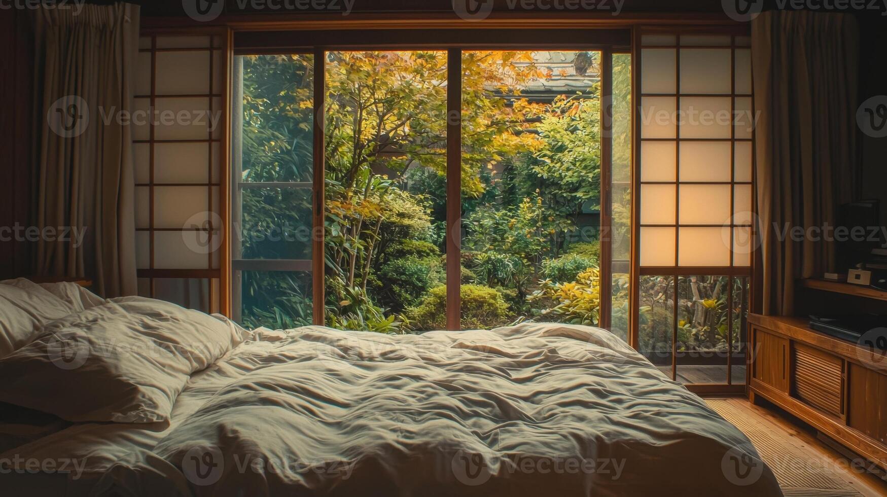 A bedroom with a bed and window overlooking a garden photo